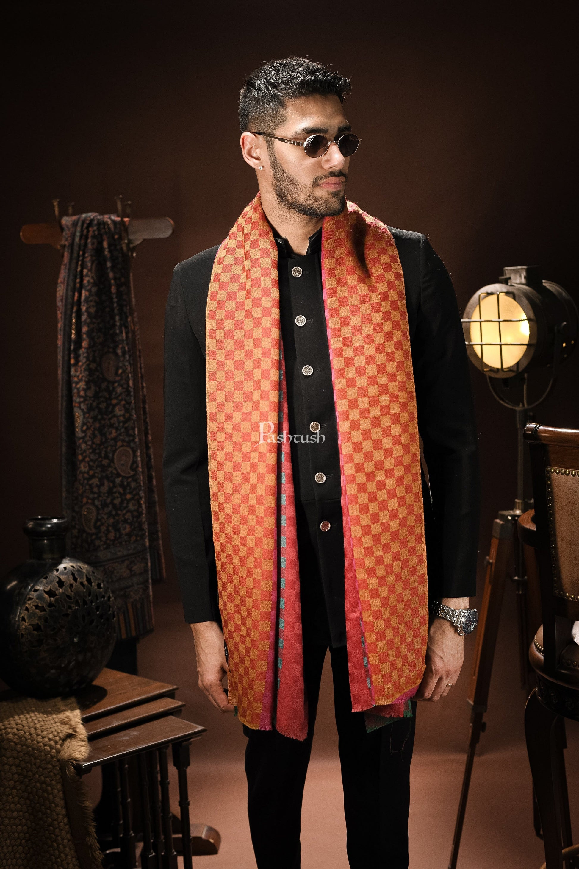 Pashtush India Mens Scarves Stoles and Mufflers Pashtush Mens Extra Fine Wool stole, Reversible checkered design, Multicolour