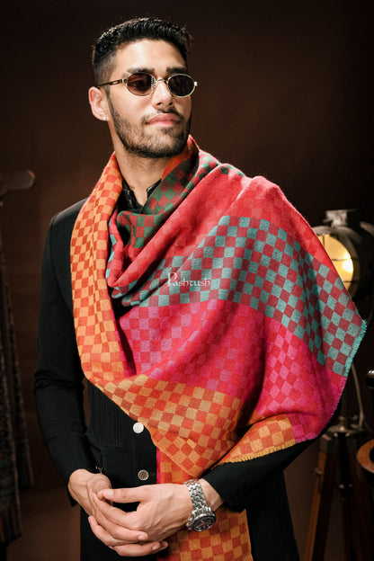 Pashtush India Mens Scarves Stoles and Mufflers Pashtush Mens Extra Fine Wool stole, Reversible checkered design, Multicolour