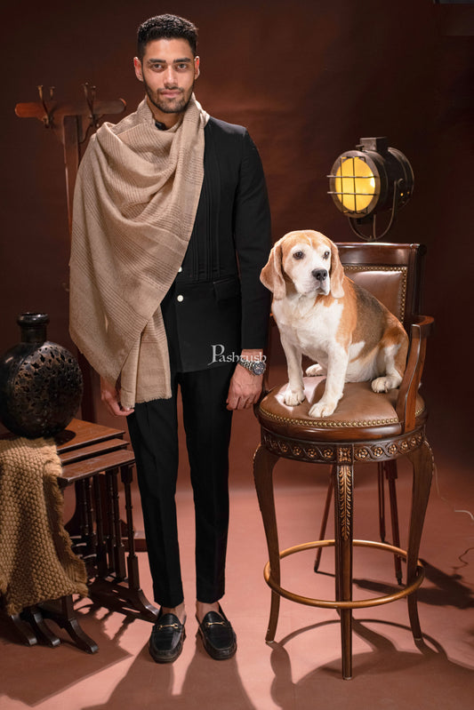 Pashtush India Mens Scarves Stoles and Mufflers Pashtush mens Extra Fine Wool stole, reversible stripe design, Beige