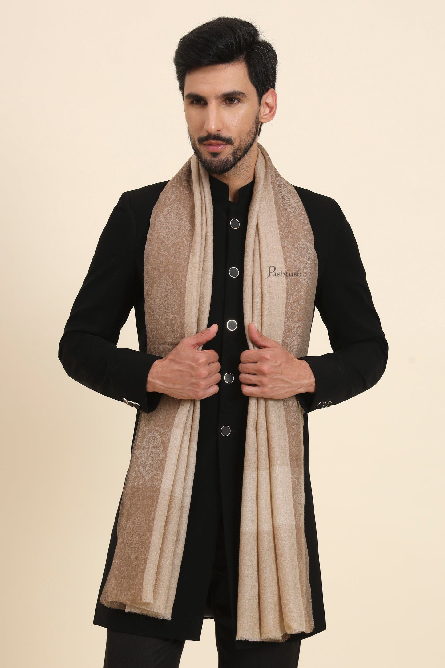 Pashtush India Mens Scarves Stoles and Mufflers Pashtush Mens Extra Fine Wool Stole, Self Jacquard Paisley Design, Beige