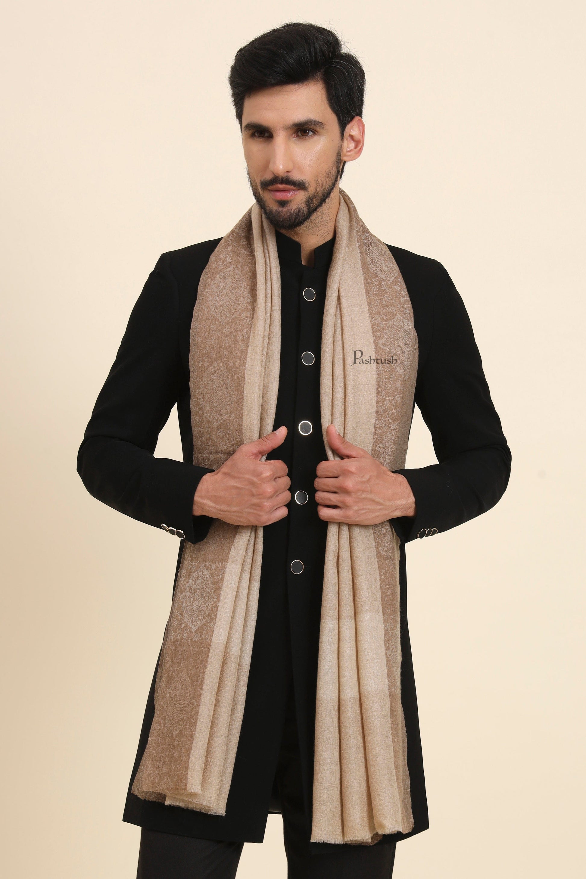 Pashtush India Mens Scarves Stoles and Mufflers Pashtush Mens Extra Fine Wool Stole, Self Jacquard Paisley Design, Beige