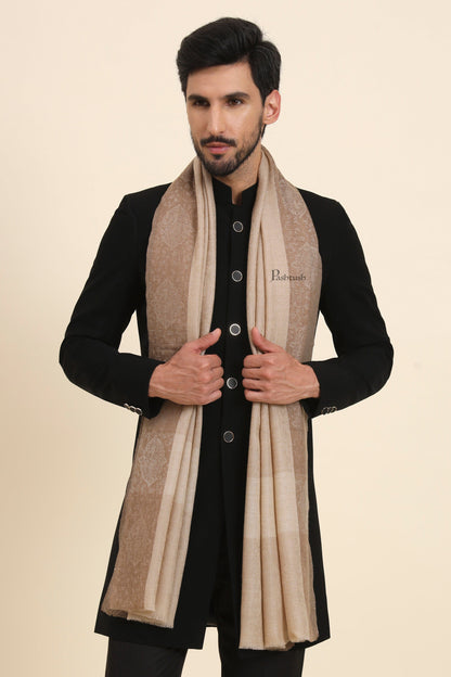 Pashtush India Mens Scarves Stoles and Mufflers Pashtush Mens Extra Fine Wool Stole, Self Jacquard Paisley Design, Beige