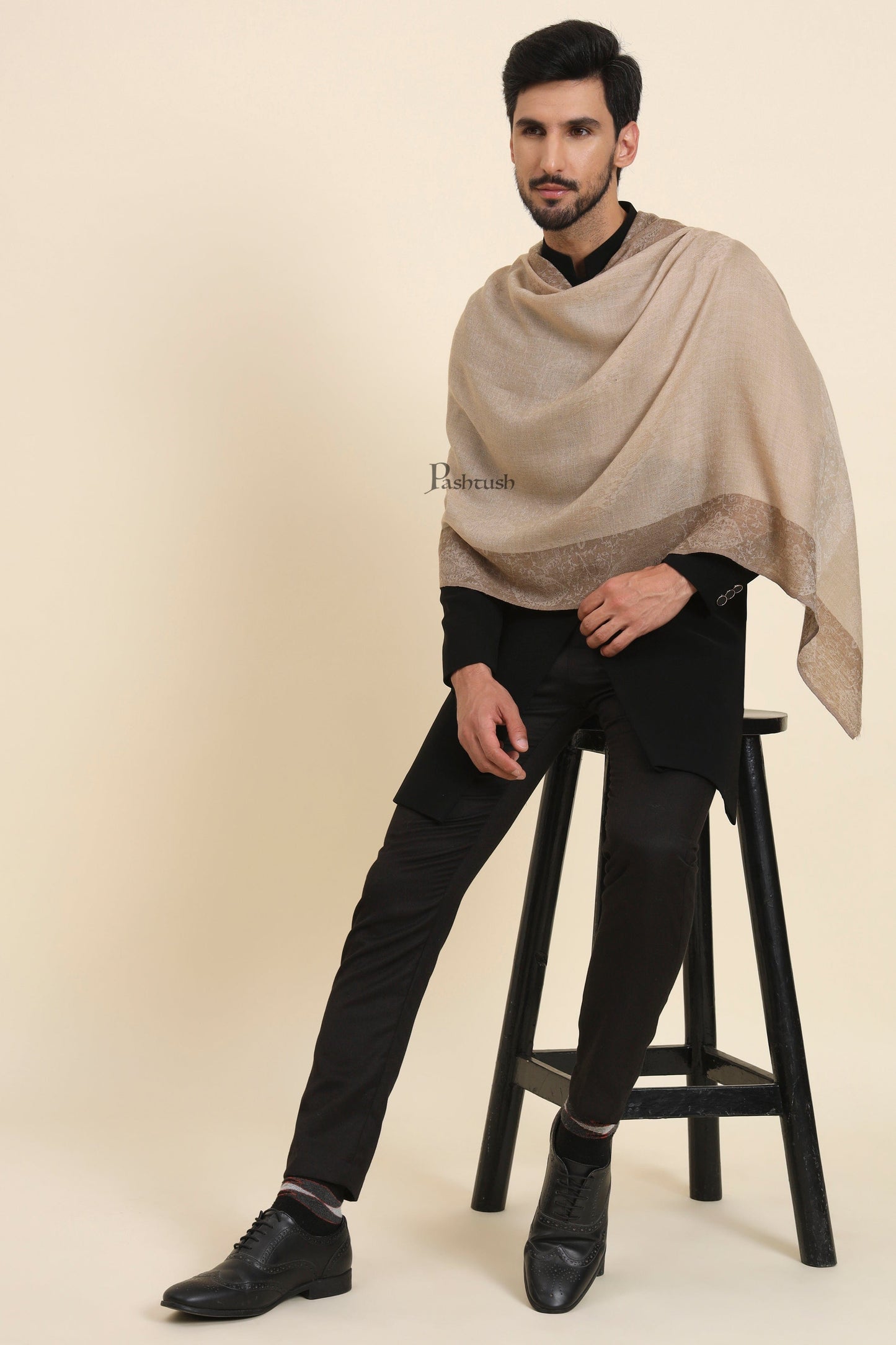 Pashtush India Mens Scarves Stoles and Mufflers Pashtush Mens Extra Fine Wool Stole, Self Jacquard Paisley Design, Beige
