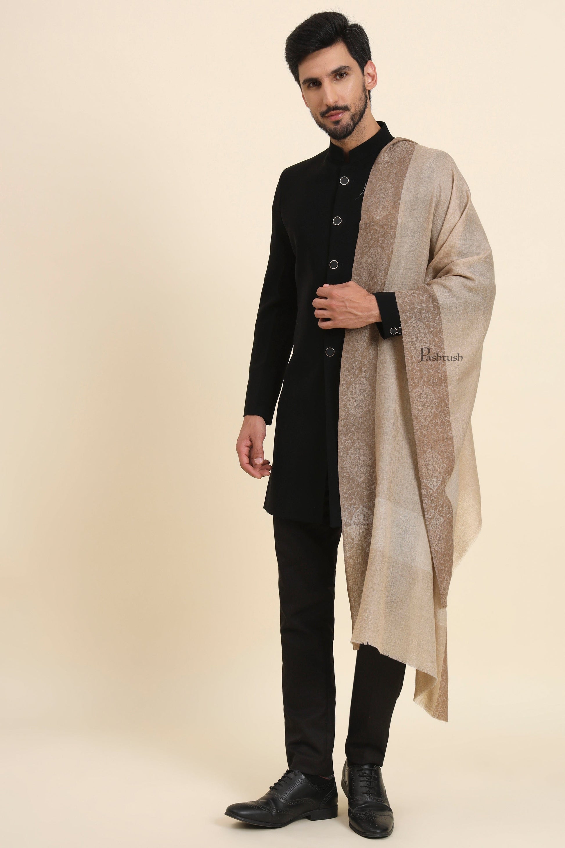 Pashtush India Mens Scarves Stoles and Mufflers Pashtush Mens Extra Fine Wool Stole, Self Jacquard Paisley Design, Beige