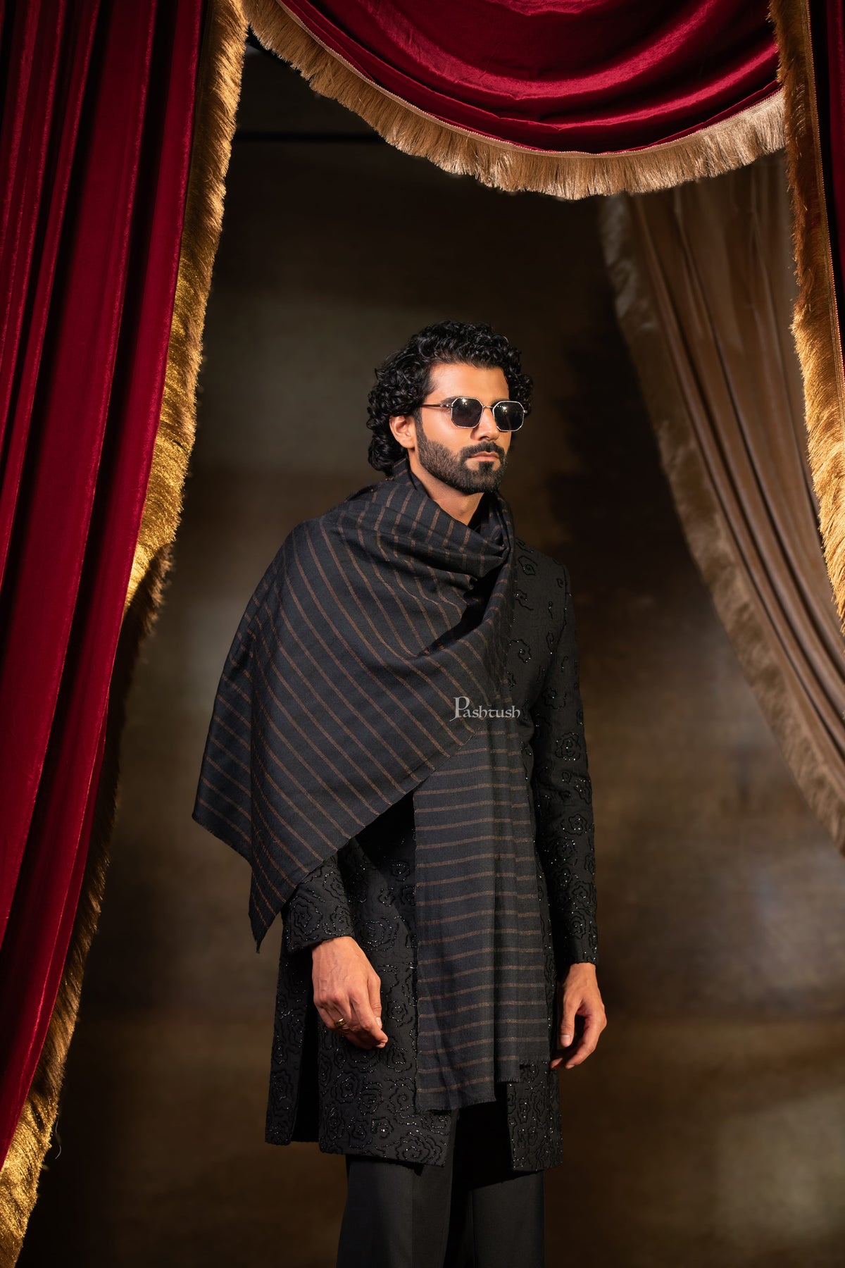 Pashtush India Mens Scarves Stoles and Mufflers Pashtush Mens Extra Fine Wool Stole, Stripe Design, Black