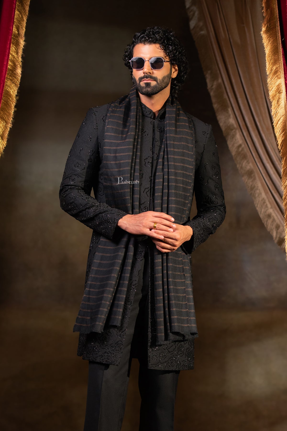 Pashtush India Mens Scarves Stoles and Mufflers Pashtush Mens Extra Fine Wool Stole, Stripe Design, Black