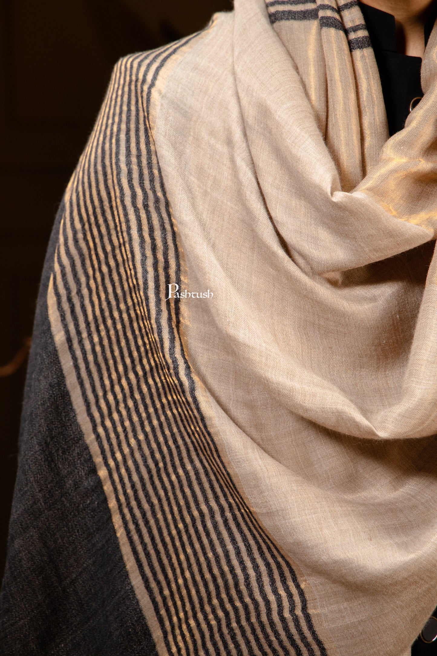 Pashtush India Mens Scarves Stoles and Mufflers Pashtush Mens Extra Fine Wool Stole, Stripe Twilight Design, Black