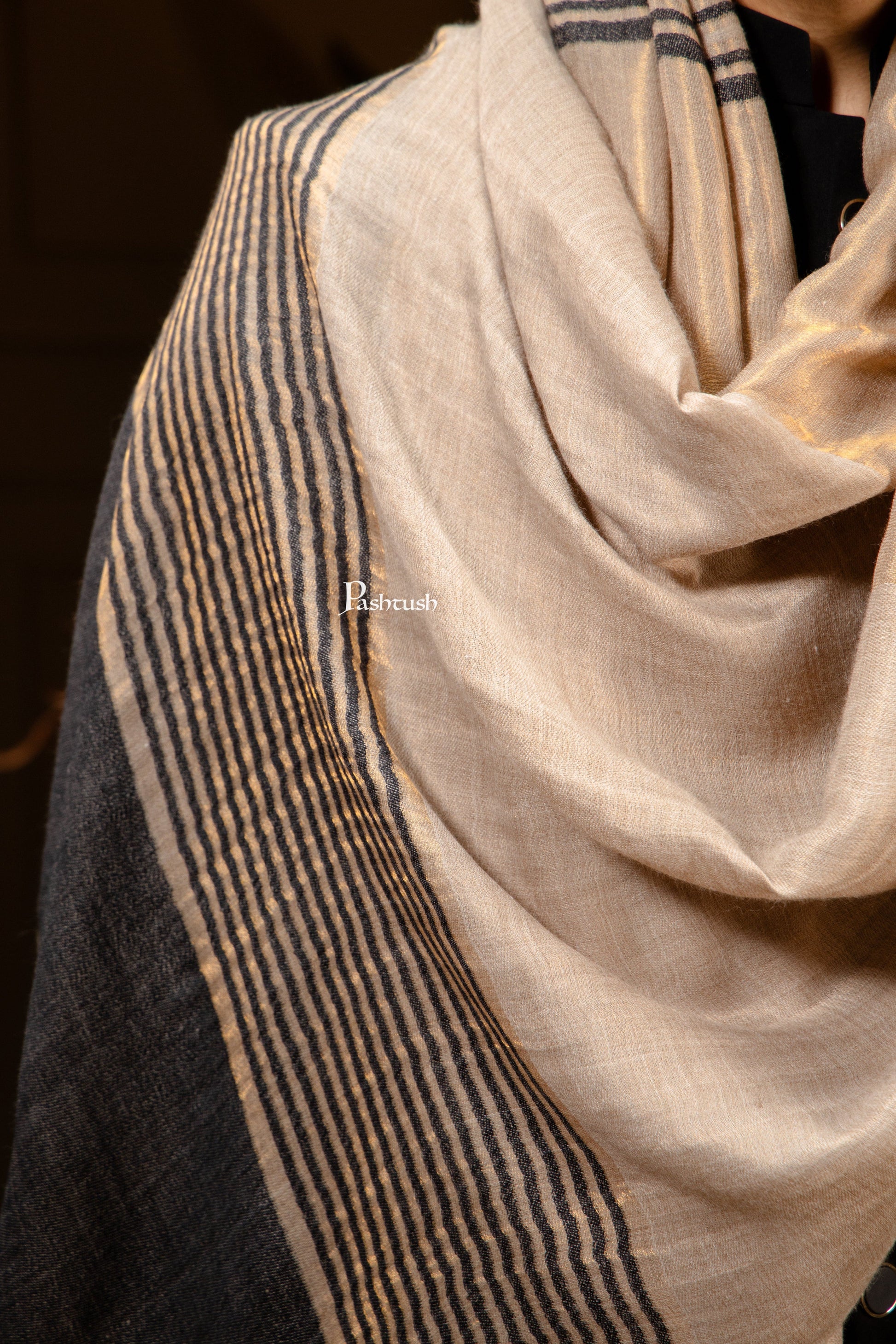 Pashtush India Mens Scarves Stoles and Mufflers Pashtush Mens Extra Fine Wool Stole, Stripe Twilight Design, Black