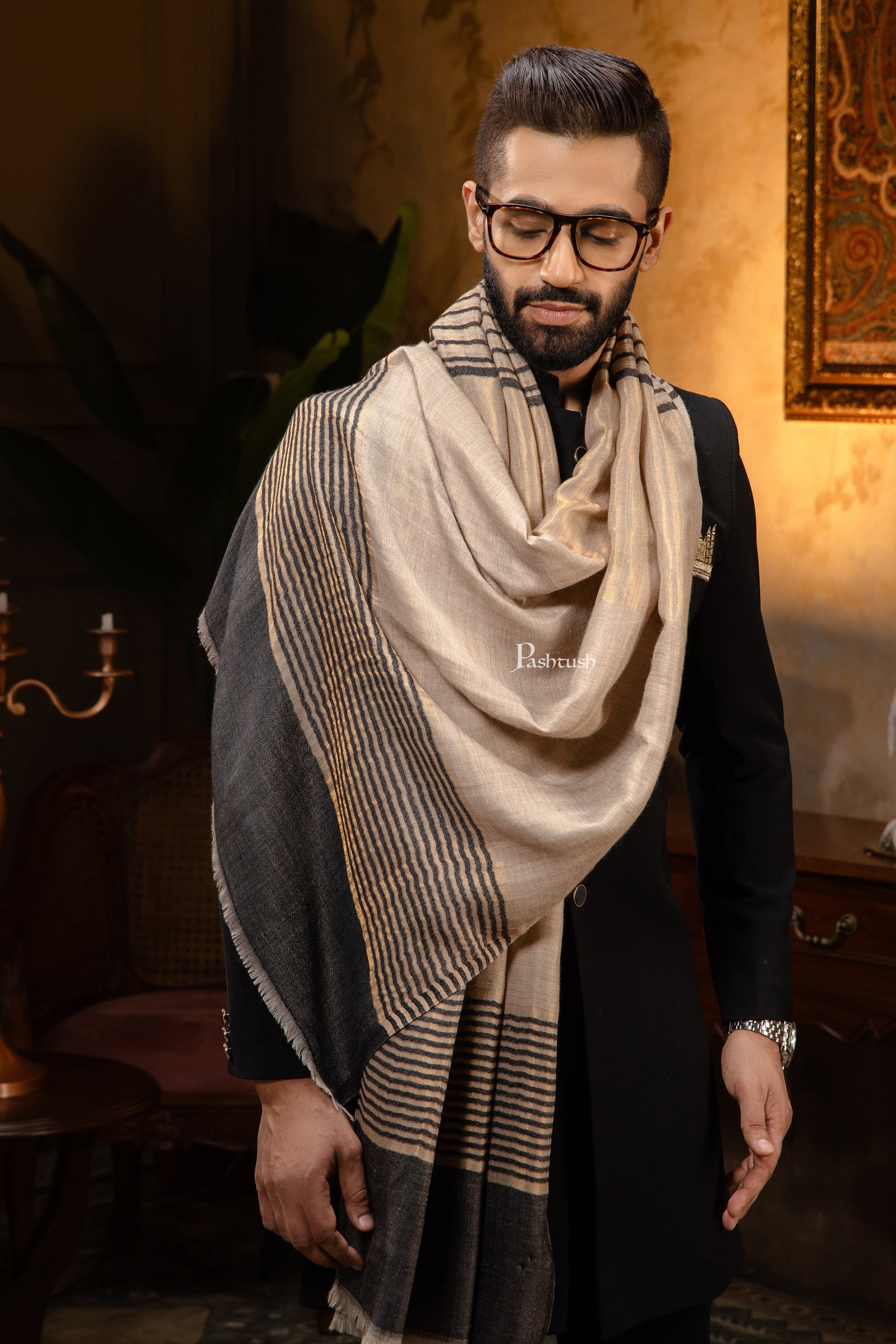Pashtush India Mens Scarves Stoles and Mufflers Pashtush Mens Extra Fine Wool Stole, Stripe Twilight Design, Black
