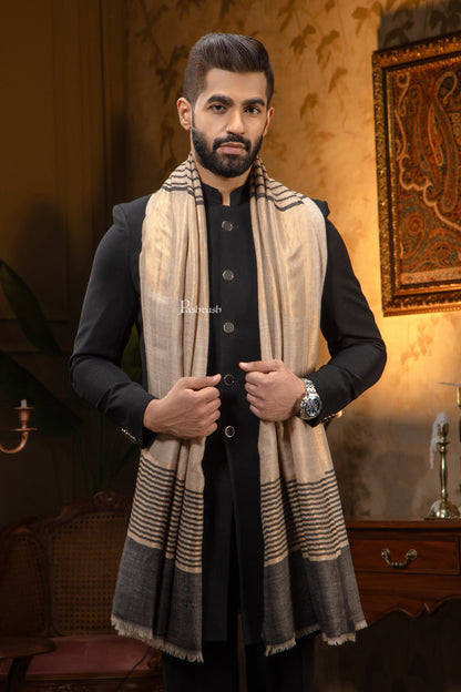 Pashtush India Mens Scarves Stoles and Mufflers Pashtush Mens Extra Fine Wool Stole, Stripe Twilight Design, Black