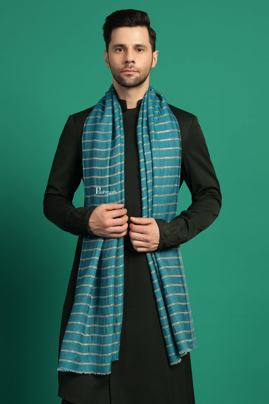 Pashtush India Mens Scarves Stoles and Mufflers Pashtush Mens Extra Fine Wool Stole, Stripe With Zari Design, Blue