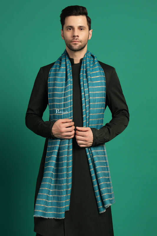 Pashtush India Mens Scarves Stoles and Mufflers Pashtush Mens Extra Fine Wool Stole, Stripe With Zari Design, Blue