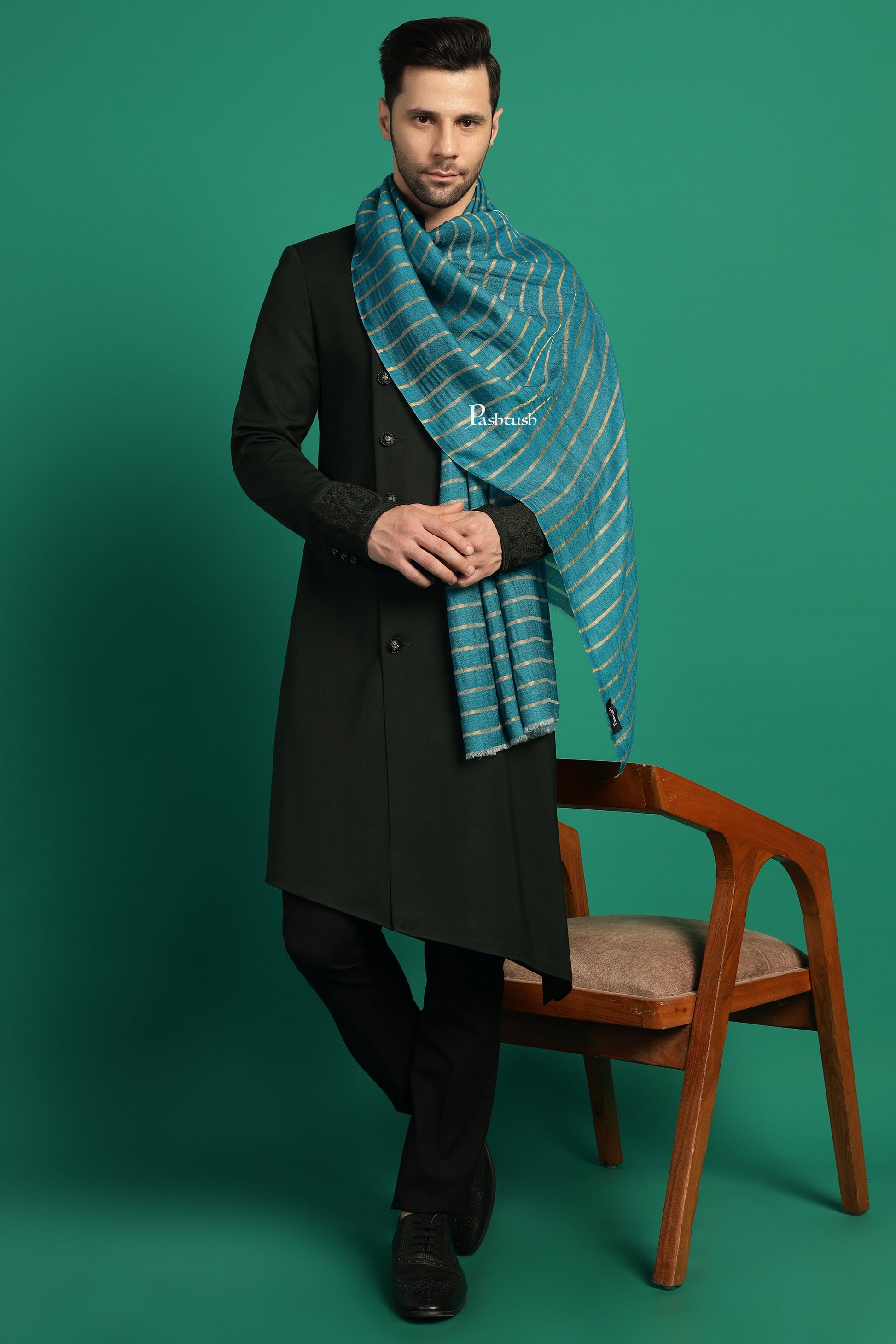 Pashtush India Mens Scarves Stoles and Mufflers Pashtush Mens Extra Fine Wool Stole, Stripe With Zari Design, Blue