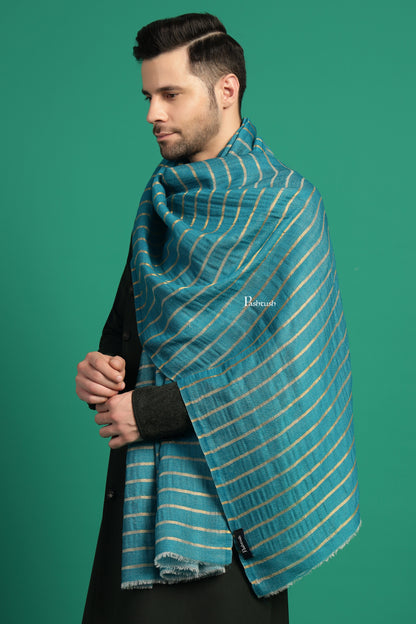 Pashtush India Mens Scarves Stoles and Mufflers Pashtush Mens Extra Fine Wool Stole, Stripe With Zari Design, Blue