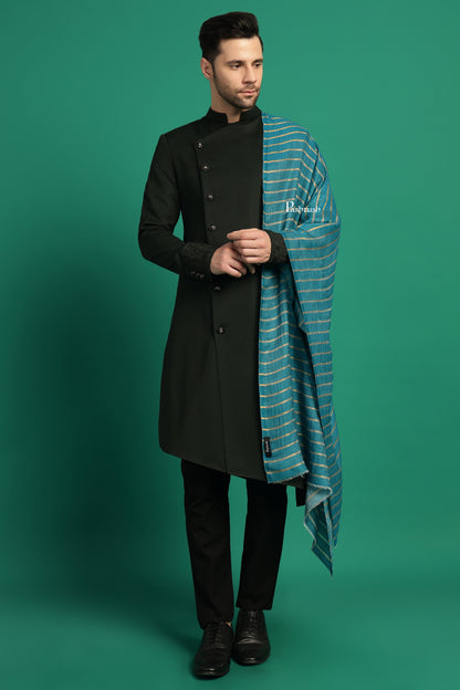 Pashtush India Mens Scarves Stoles and Mufflers Pashtush Mens Extra Fine Wool Stole, Stripe With Zari Design, Blue