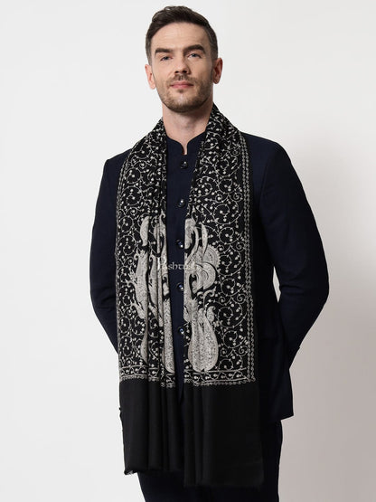 Pashtush India Mens Scarves Stoles and Mufflers Pashtush mens Extra Fine Wool stole, tone tone jaal embroidery design, Black