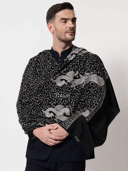 Pashtush India Mens Scarves Stoles and Mufflers Pashtush mens Extra Fine Wool stole, tone tone jaal embroidery design, Black