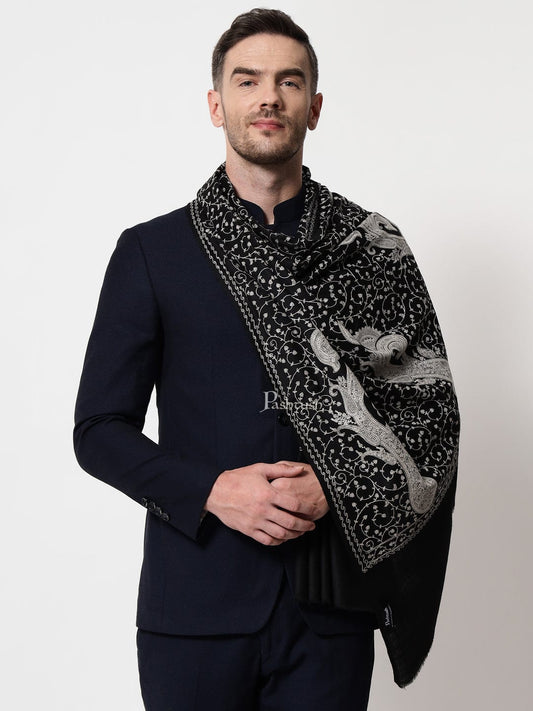 Pashtush India Mens Scarves Stoles and Mufflers Pashtush mens Extra Fine Wool stole, tone tone jaal embroidery design, Black