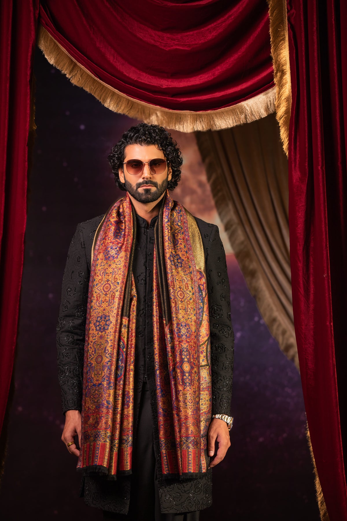 Pashtush India Mens Scarves Stoles and Mufflers Pashtush Mens Extra Fine Wool Stole, Twilight Design, Reversible, Multicolour