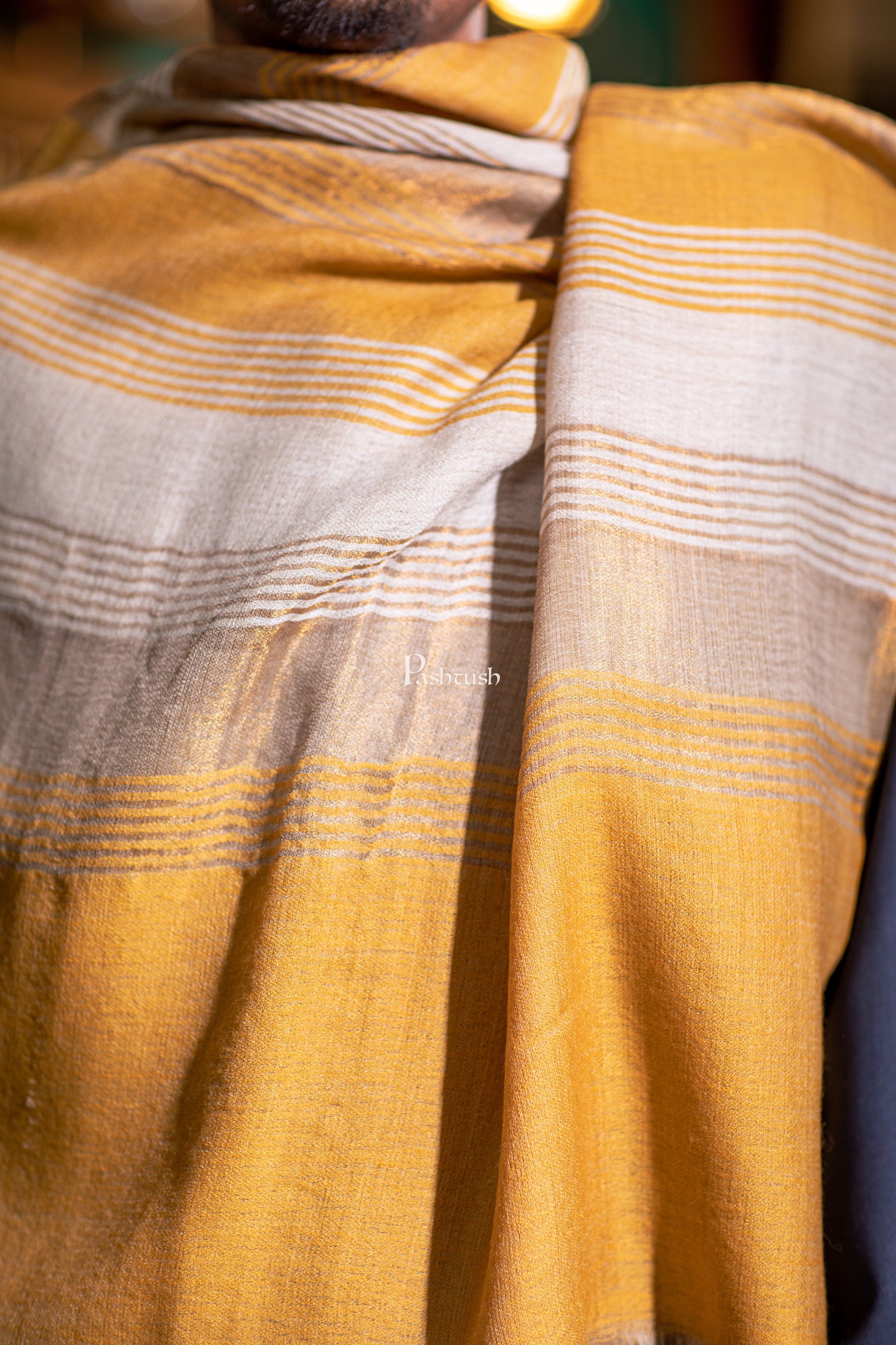 Pashtush India Mens Scarves Stoles and Mufflers Pashtush Mens Extra Fine Wool Stole, Twilight Multi Stripe Reversible Design, Mustard
