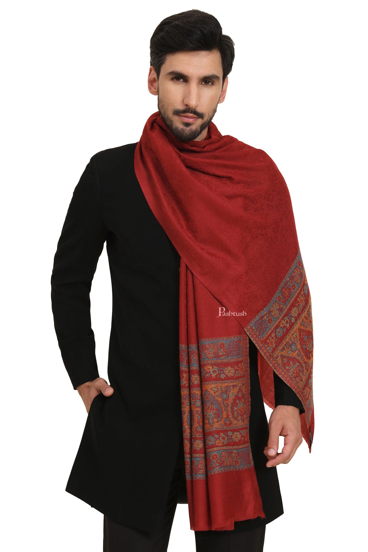 Pashtush India Mens Scarves Stoles and Mufflers Pashtush Mens Extra Fine Wool Stole, Woven Ethnic Palla Design, Maroon
