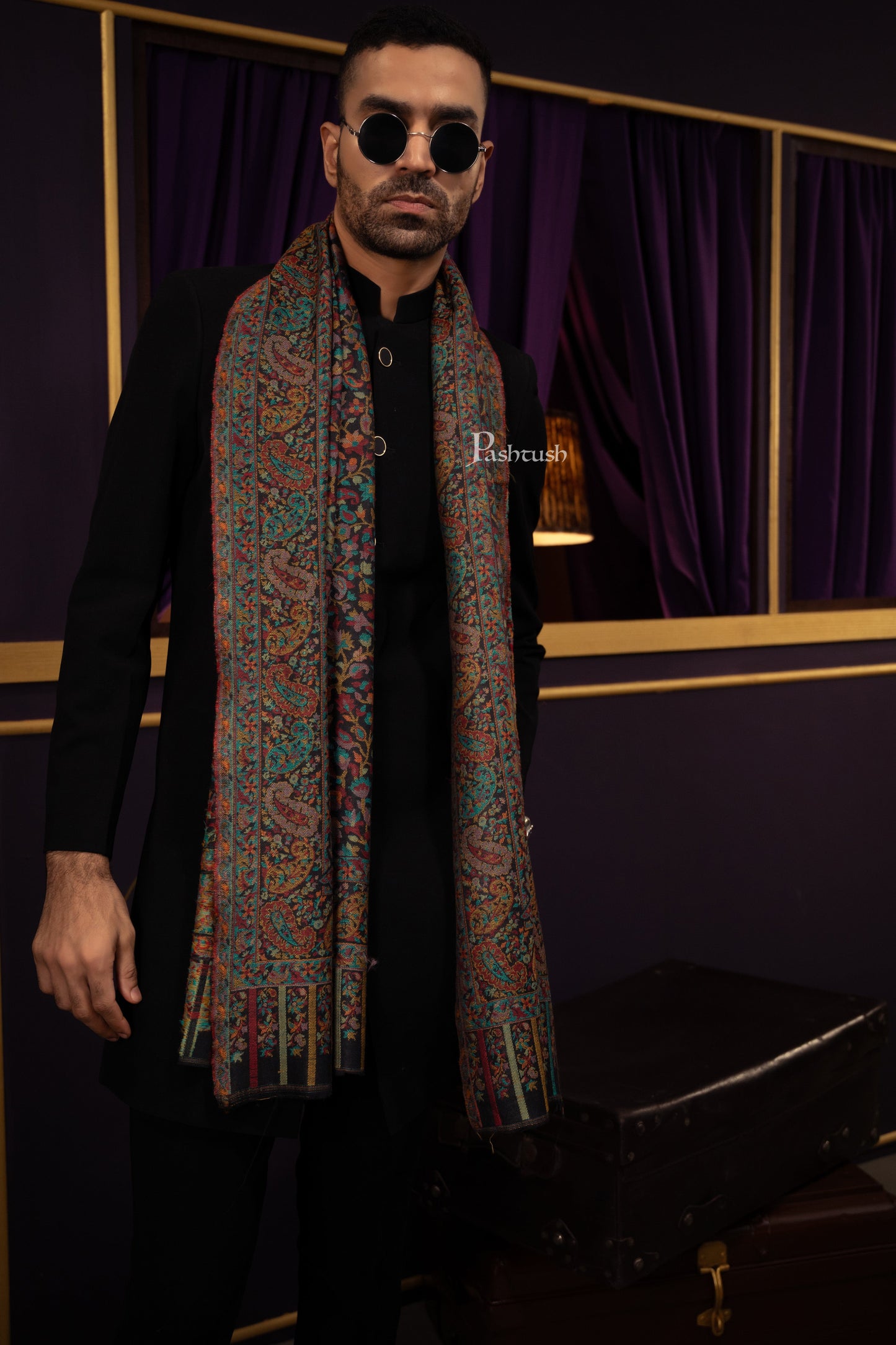 Pashtush India Mens Scarves Stoles and Mufflers Pashtush Mens Extra Fine Wool Stole, Woven Ethnic Weave  Design, Black