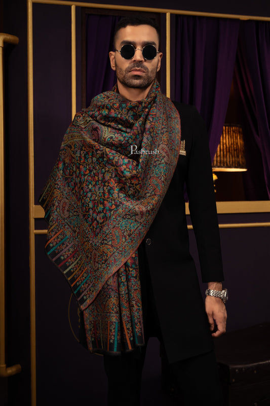 Pashtush India Mens Scarves Stoles and Mufflers Pashtush Mens Extra Fine Wool Stole, Woven Ethnic Weave  Design, Black