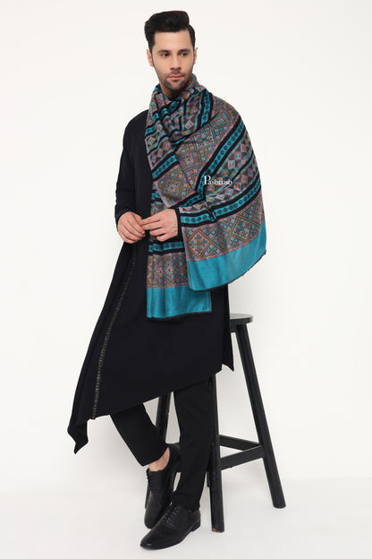 Pashtush India Mens Scarves Stoles and Mufflers Pashtush Mens Extra Soft Bamboo Stole, Aztec Design, Blue