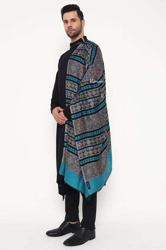 Pashtush India Mens Scarves Stoles and Mufflers Pashtush Mens Extra Soft Bamboo Stole, Aztec Design, Blue