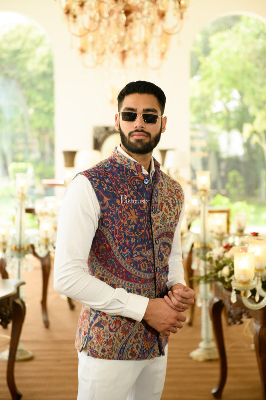 Pashtush India Coats & Jackets Pashtush Mens Faux Pashmina Jacket, Antique Design, Beige and Blue