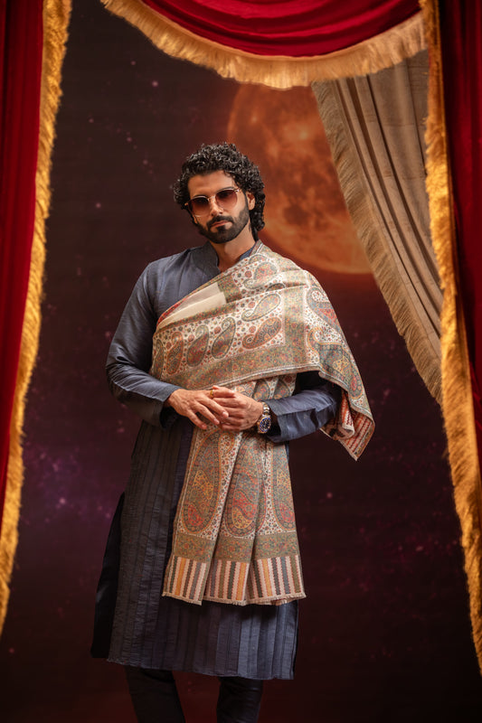 Pashtush India Mens Shawls Gents Shawl Pashtush Mens Faux Pashmina Shawl, Paisley Palla Design, Ivory