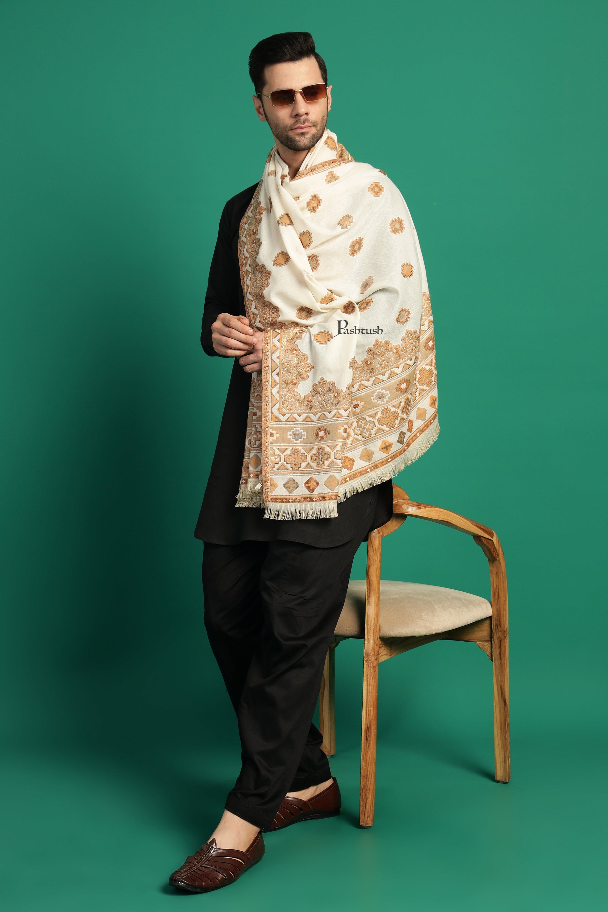 Pashtush India Mens Scarves Stoles and Mufflers Pashtush Mens Faux Pashmina Stole, Aztec Design Design, Ivory