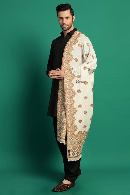 Pashtush India Mens Scarves Stoles and Mufflers Pashtush Mens Faux Pashmina Stole, Aztec Design Design, Ivory