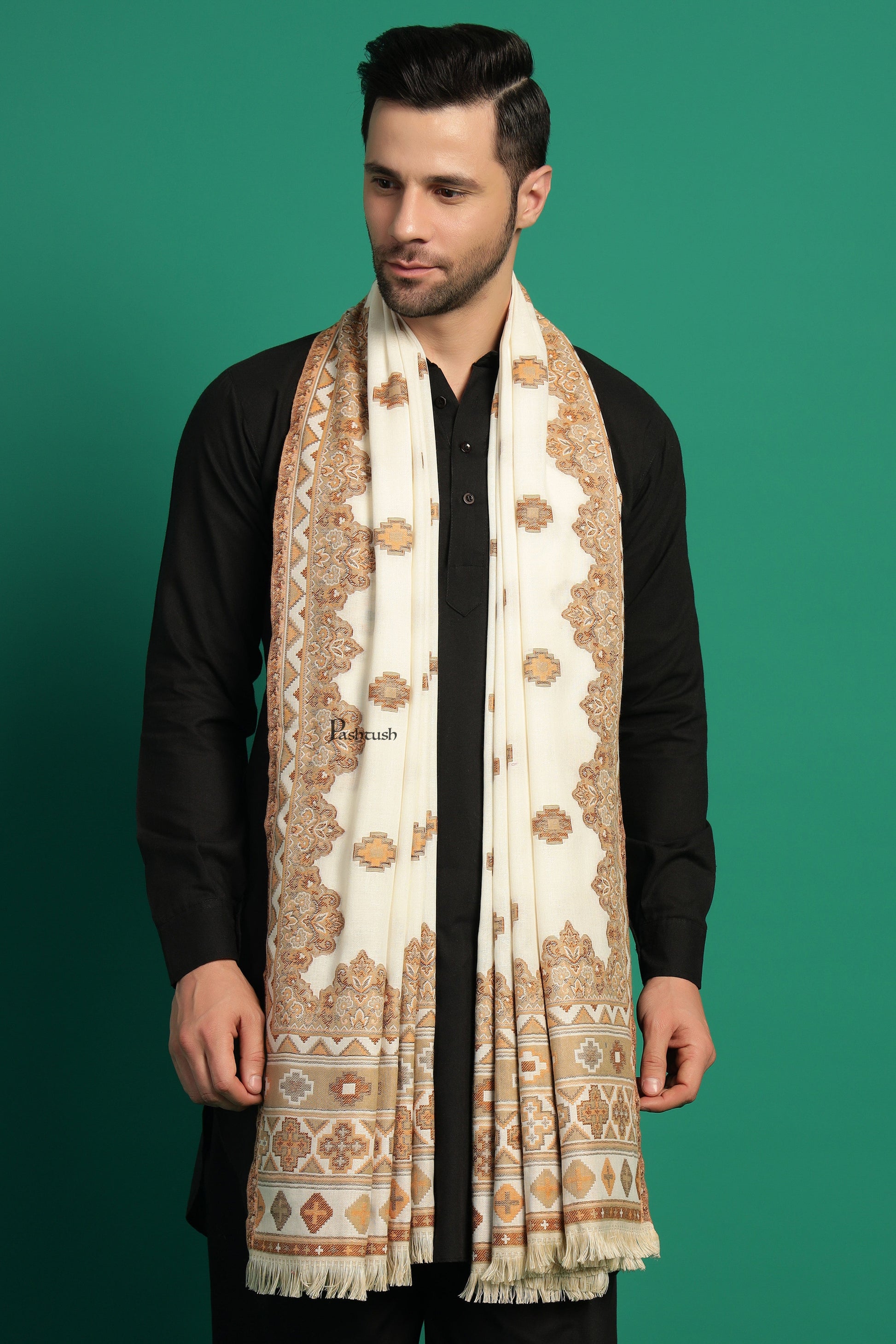 Pashtush India Mens Scarves Stoles and Mufflers Pashtush Mens Faux Pashmina Stole, Aztec Design Design, Ivory