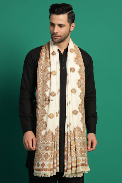 Pashtush India Mens Scarves Stoles and Mufflers Pashtush Mens Faux Pashmina Stole, Aztec Design Design, Ivory