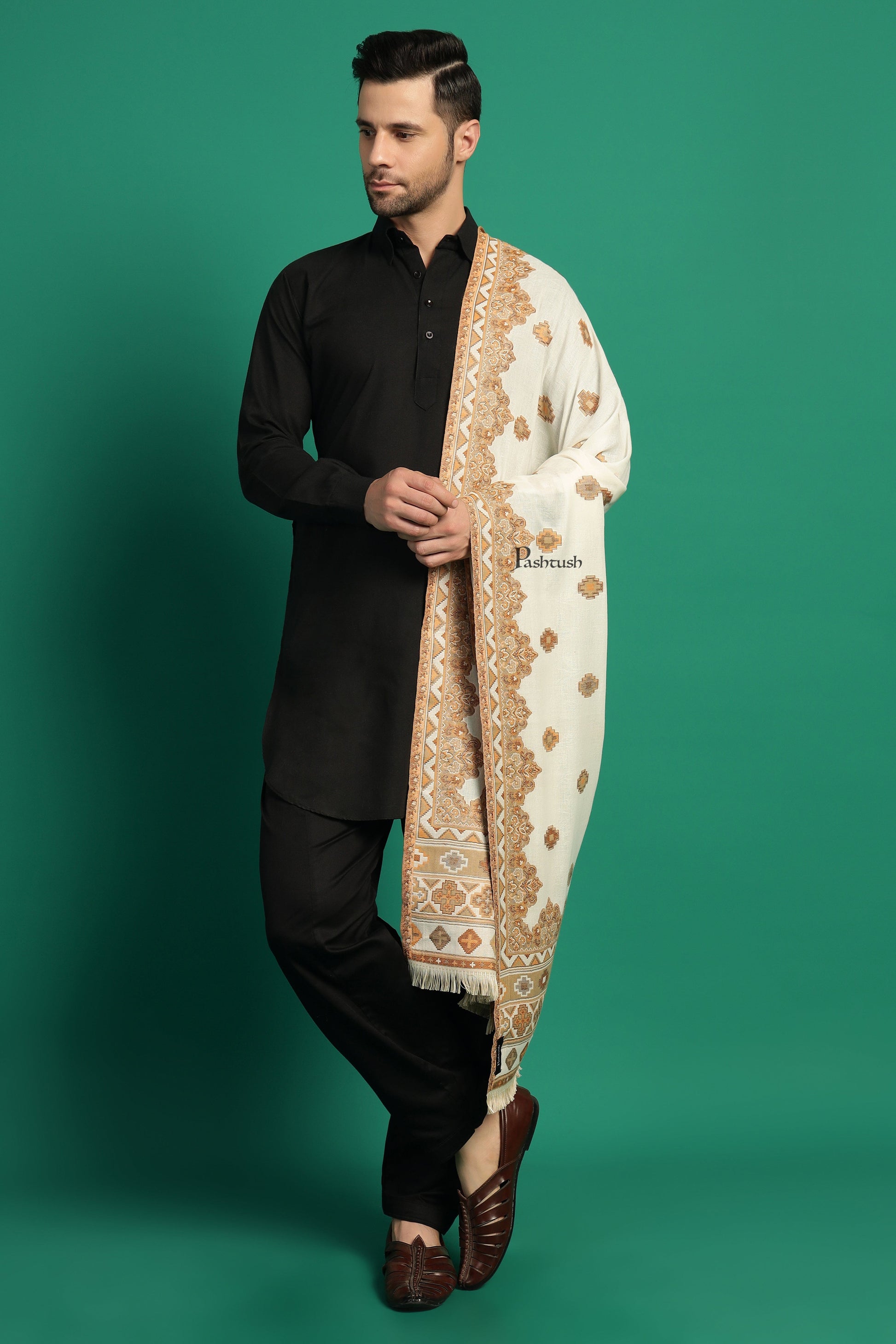 Pashtush India Mens Scarves Stoles and Mufflers Pashtush Mens Faux Pashmina Stole, Aztec Design Design, Ivory