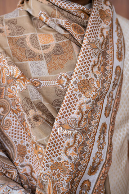 Pashtush India Mens Scarves Stoles and Mufflers Pashtush mens faux pashmina stole, aztec jamawar design, Beige