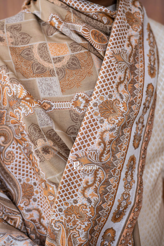 Pashtush India Mens Scarves Stoles and Mufflers Pashtush mens faux pashmina stole, aztec jamawar design, Beige