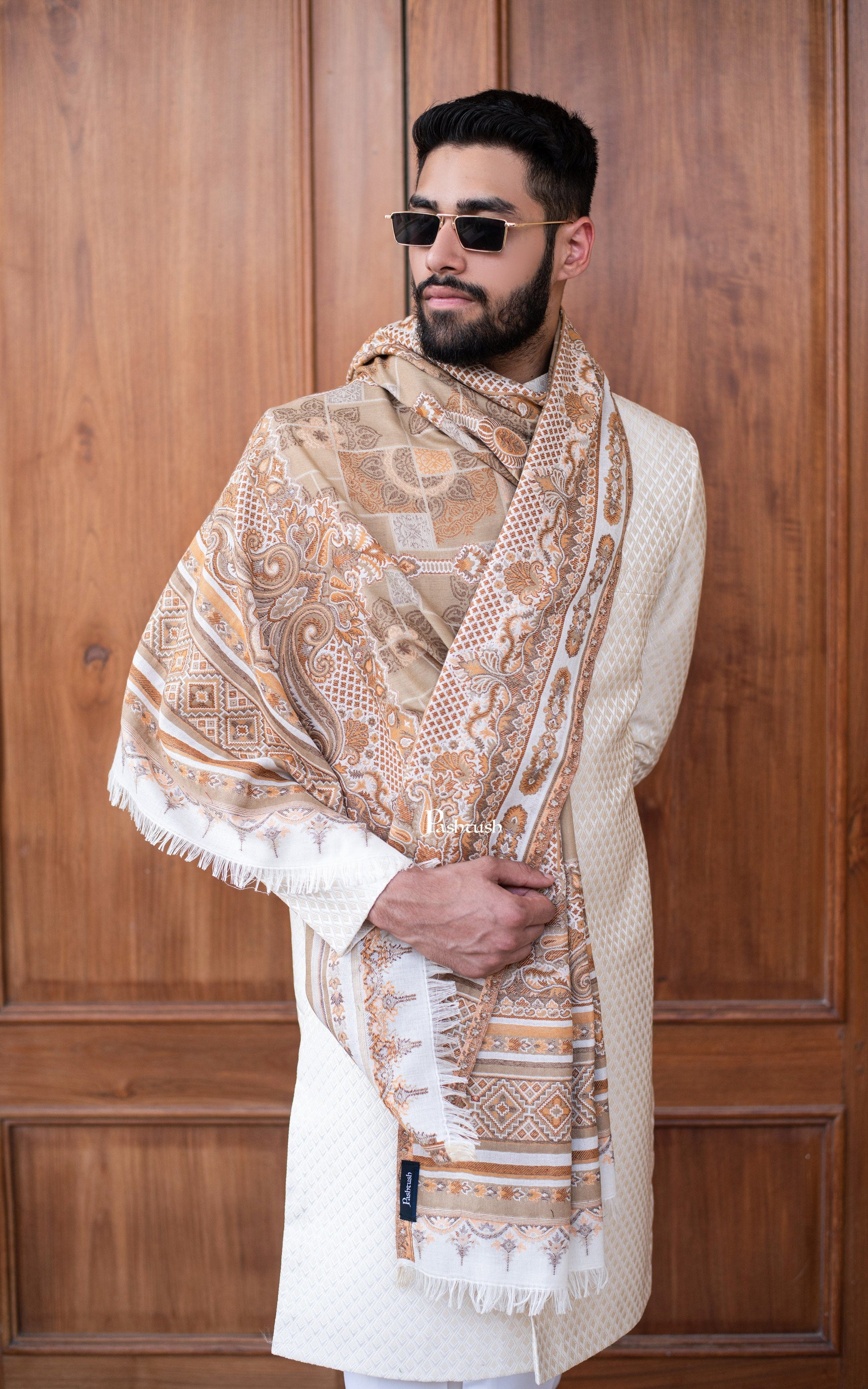 Pashtush India Mens Scarves Stoles and Mufflers Pashtush mens faux pashmina stole, aztec jamawar design, Beige