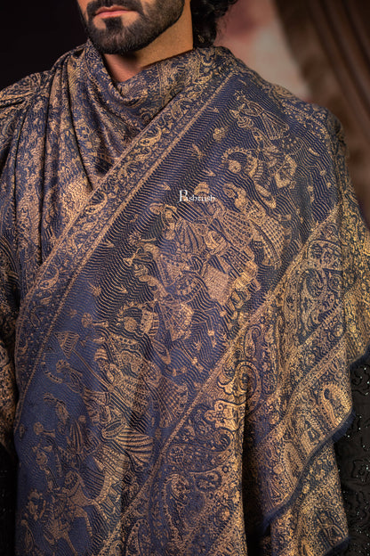 Pashtush India Mens Scarves Stoles and Mufflers Pashtush Mens Faux Pashmina Stole, Darbar Design, Navy Blue