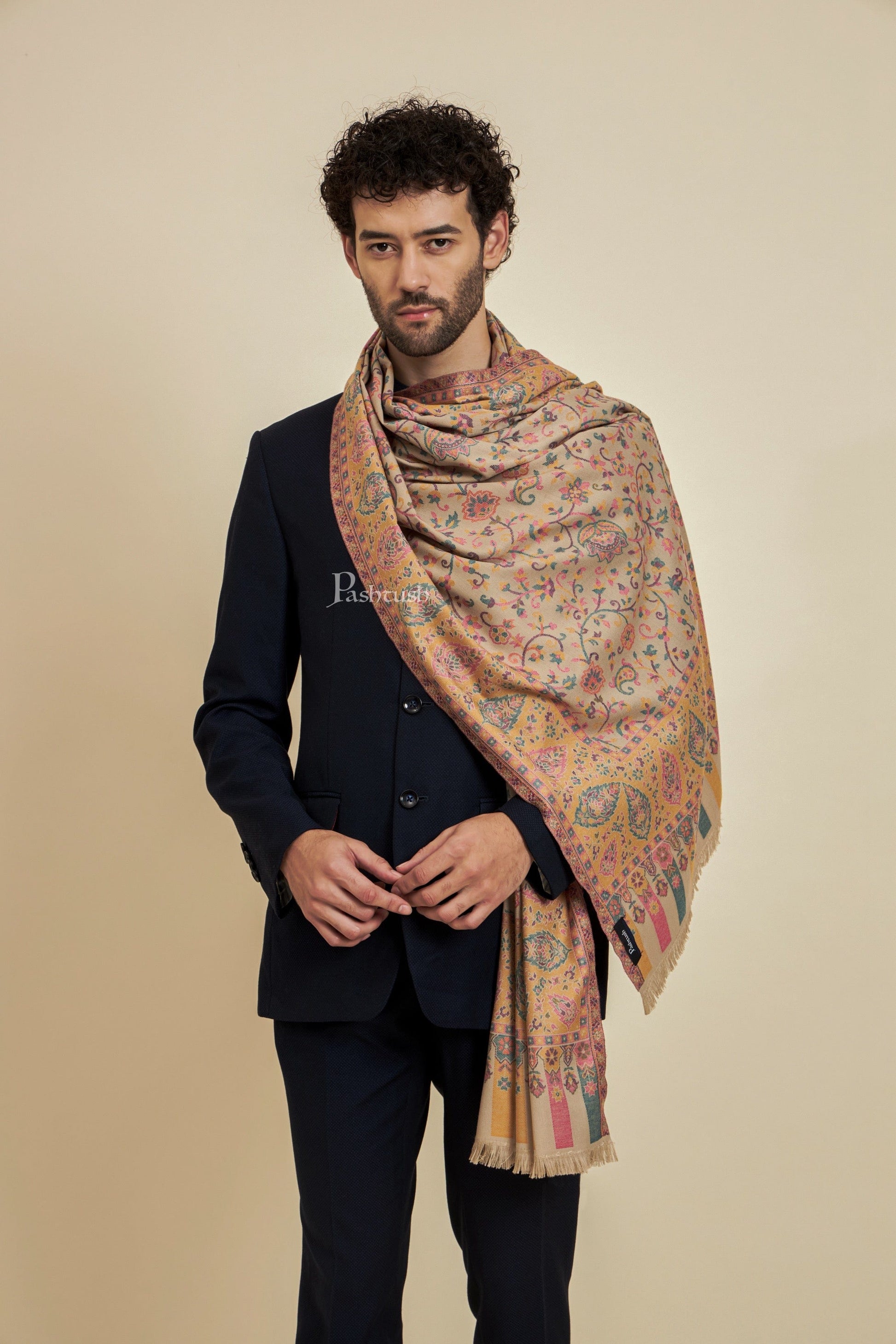 Pashtush India Mens Scarves Stoles and Mufflers Pashtush Mens Faux Pashmina Stole, Ethnic Design, Beige