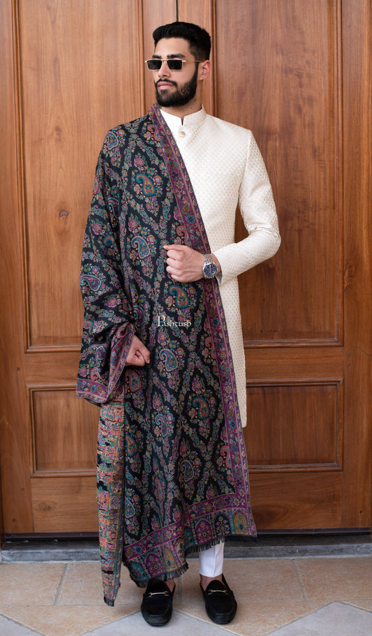 Pashtush India Womens Stoles and Scarves Scarf Pashtush mens faux pashmina stole, ethnic weave design, Black