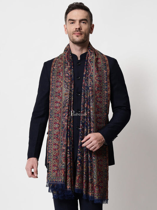 Pashtush India Mens Scarves Stoles and Mufflers Pashtush mens faux pashmina stole, ethnic weave design, Navy Blue