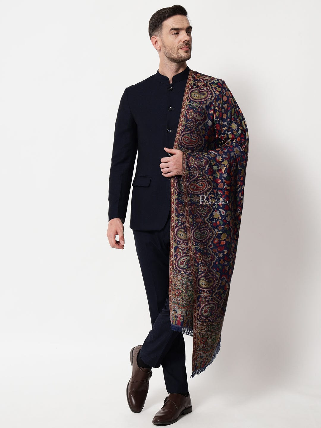 Pashtush India Mens Scarves Stoles and Mufflers Pashtush mens faux pashmina stole, ethnic weave design, Navy Blue