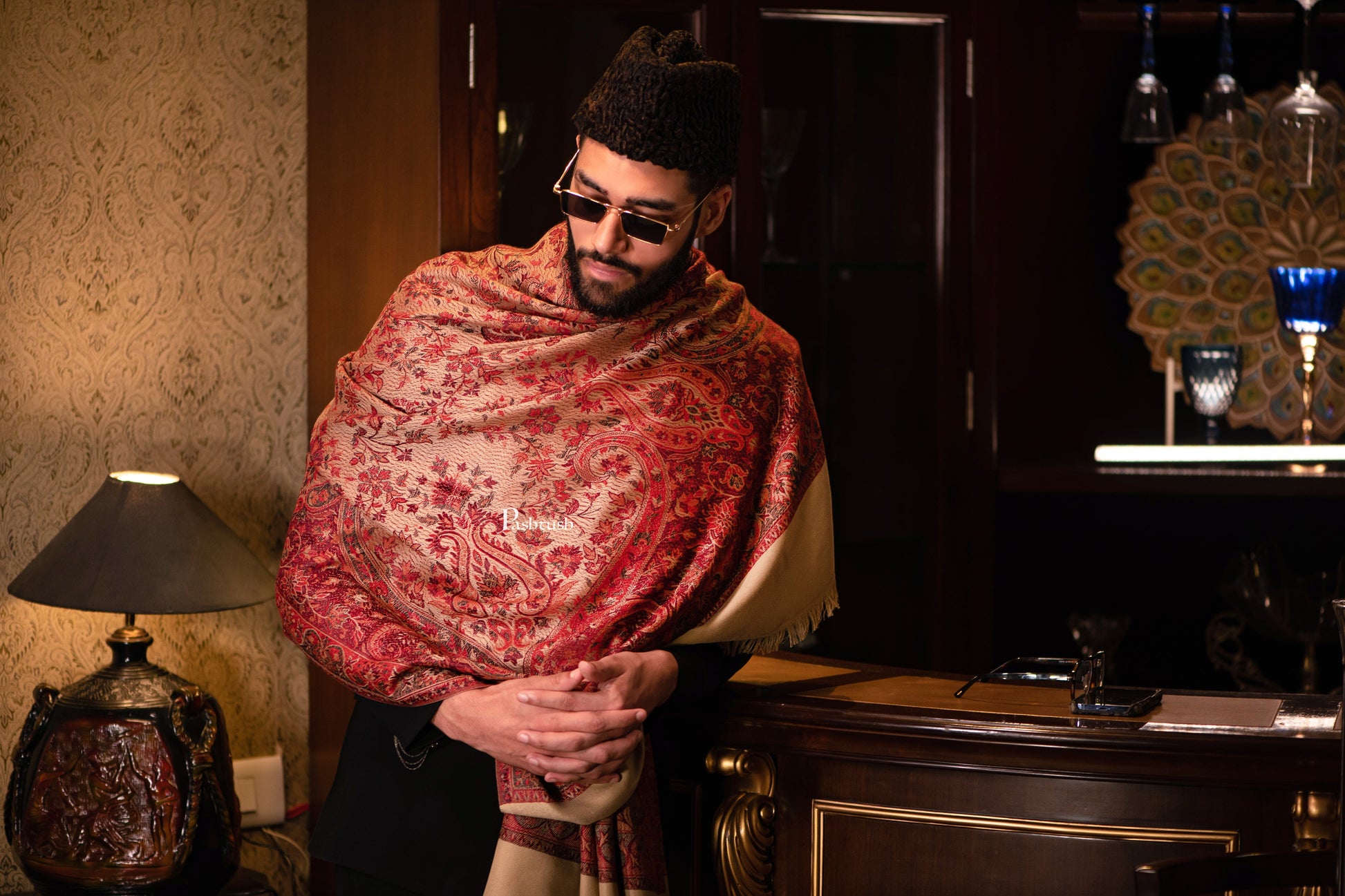 Pashtush India Mens Scarves Stoles and Mufflers Pashtush mens faux pashmina stole, jacquard design, Beige