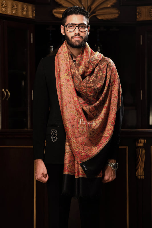 Pashtush India Mens Shawls Gents Shawl Pashtush mens faux pashmina stole, jacquard design, Black