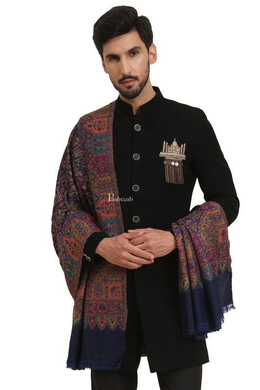 Pashtush India Mens Scarves Stoles and Mufflers Pashtush Mens Faux Pashmina Stole, Jamawar Design, Blue