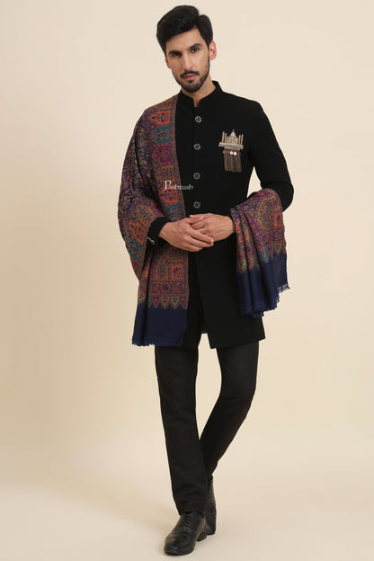 Pashtush India Mens Scarves Stoles and Mufflers Pashtush Mens Faux Pashmina Stole, Jamawar Design, Blue