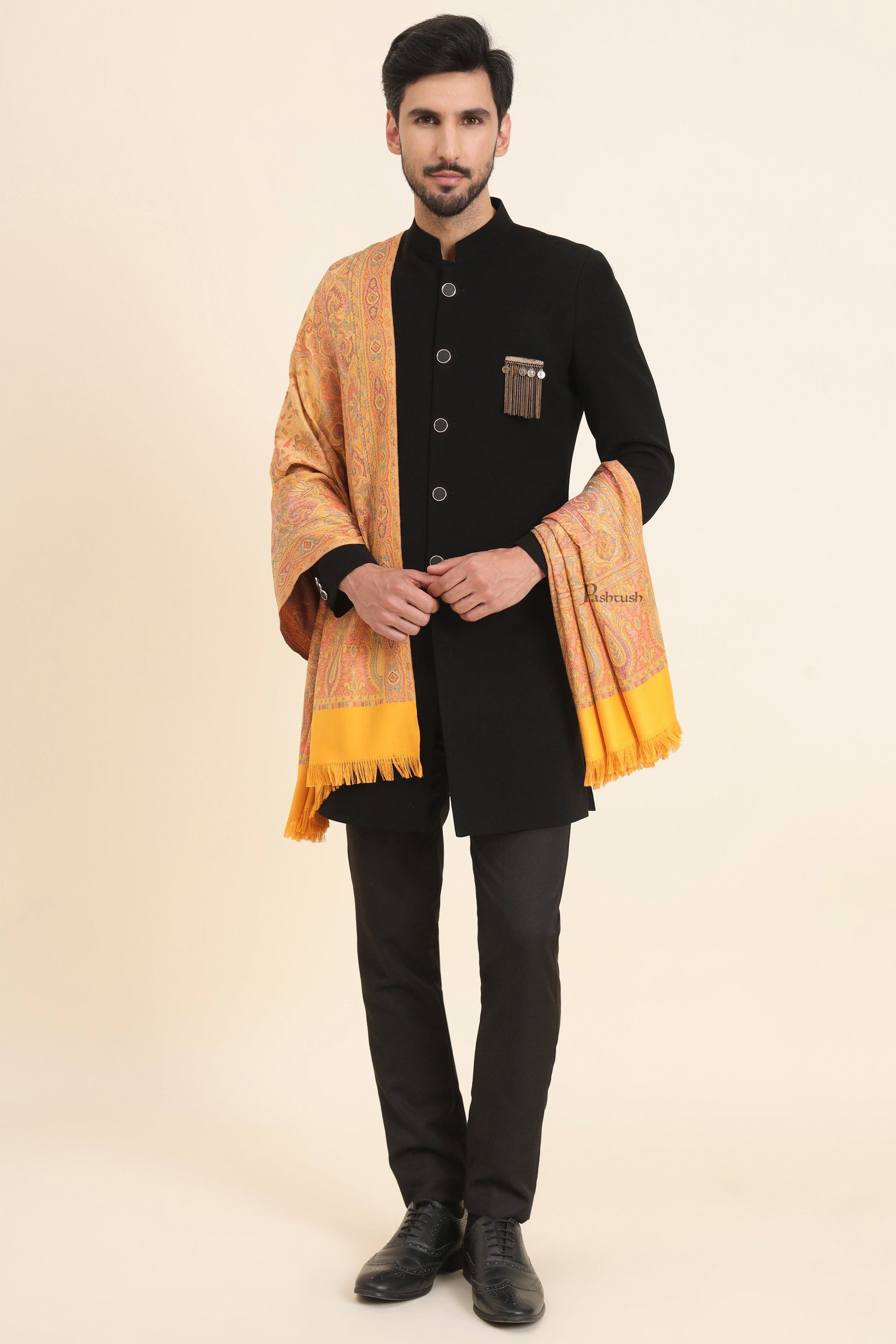 Pashtush India Mens Scarves Stoles and Mufflers Pashtush Mens Faux Pashmina Stole, Jamawar Design, Mustard