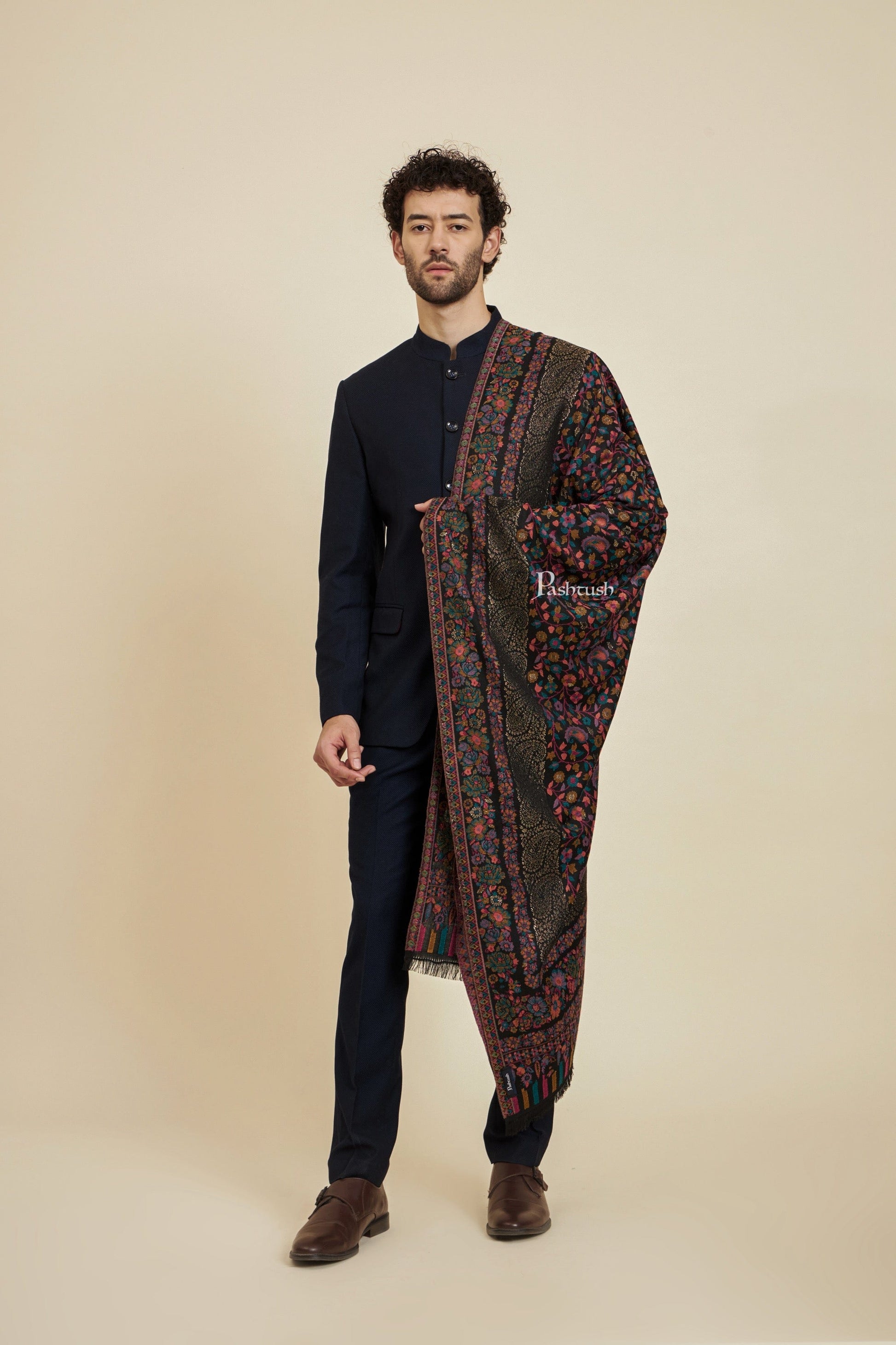Pashtush India Mens Scarves Stoles and Mufflers Pashtush Mens Faux Pashmina Stole, Metallic Zari Border Design, Black
